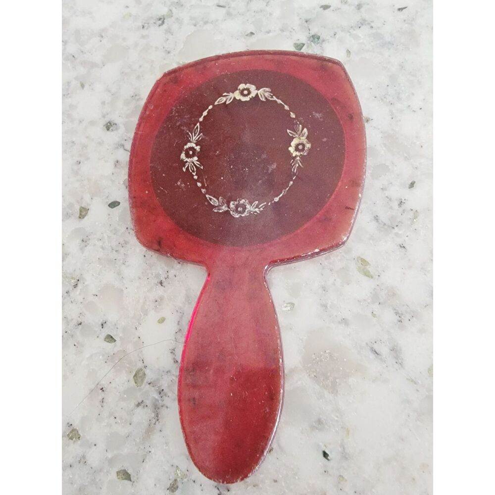 Vintage Art Deco‎ Celluloid Boudoir Hand Mirror Filigree Circle Red Gold USA
